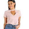 Sheinside Cutout V Keyhole Slub Tee Shirt Summer Pink Hollow Out Short Sleeve T Shirt