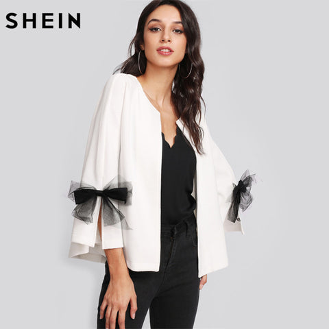 SHEIN Girls Elegant Coat Blazer Women Bow Slit Bell Sleeve Textured Blazer