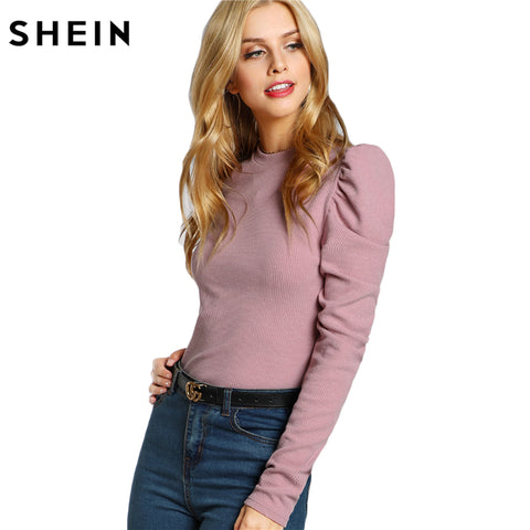 SHEIN Elegant Women T shirt Clothes Women Pink Long Sleeve O Neck Tee Shirts