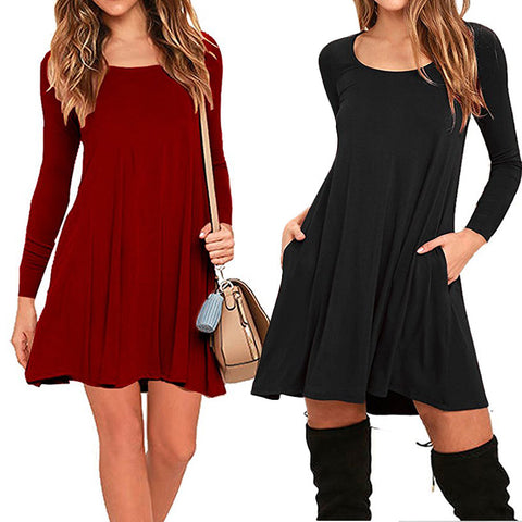 Long Sleeve Women Dress Soild Color Plus Size Pullover Dresses