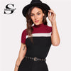 Sheinside Color Block Ribbed Tee 2018 Summer Women Stand Collar Slim Fit Elegant T-shirt