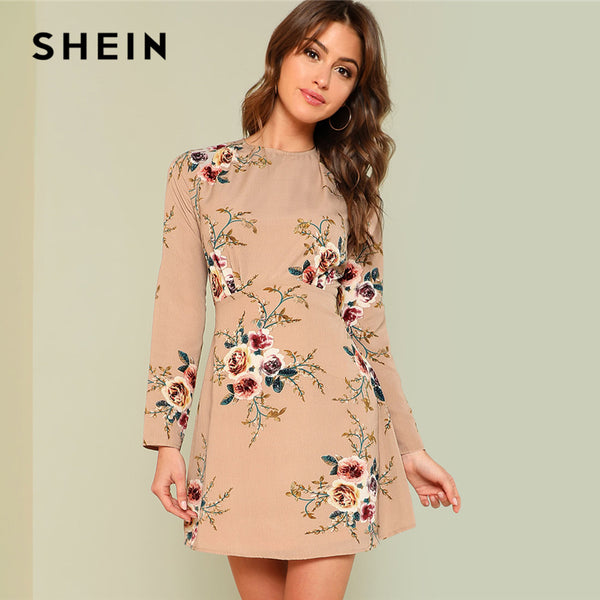 SHEIN Flower Print Pleated Fit & Flare Dress 2018 Summer Round Neck Long Sleeve