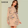 SHEIN Flower Print Pleated Fit & Flare Dress 2018 Summer Round Neck Long Sleeve