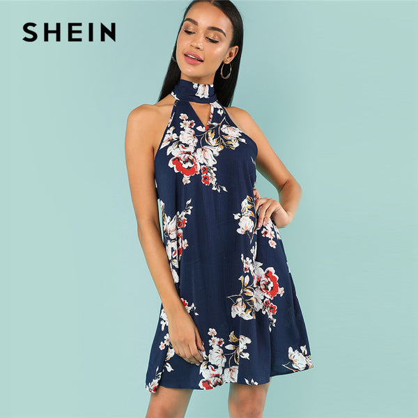 SHEIN Multicolor Vacation Bohemian Beach Floral Print Halter V Cut Choker Neck Sleeveless