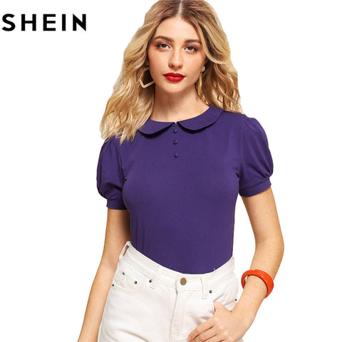SHEIN Womens Purple Puff Short Sleeve Vintage Summer T-shirts 2018 New Weekend