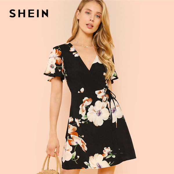 SHEIN Slit Flutter Sleeve Surplice Wrap Floral Dress Black Deep V Neck