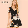 SHEIN Slit Flutter Sleeve Surplice Wrap Floral Dress Black Deep V Neck