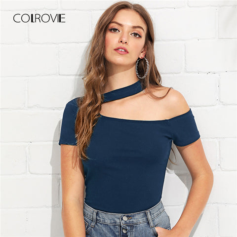 COLROVIE Blue Cut Out Cap Sleeve Casual T-Shirt 2018 Summer New Fashion