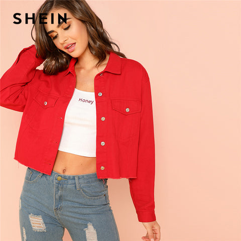 SHEIN Red Solid Pocket Front Button Up Jacket Cotton Casual Plain Long Sleeve