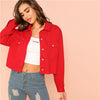 SHEIN Red Solid Pocket Front Button Up Jacket Cotton Casual Plain Long Sleeve