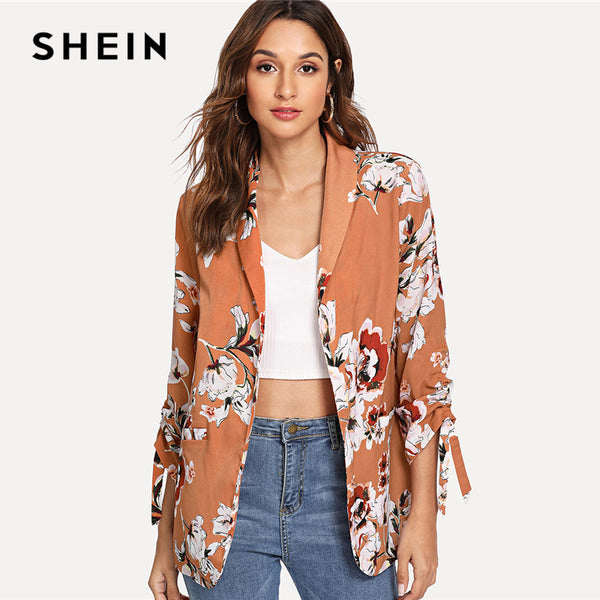 SHEIN Khaki Drawstring Sleeve Floral Print Coat Office Ladies Long Sleeve Waterfall
