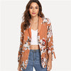 SHEIN Khaki Drawstring Sleeve Floral Print Coat Office Ladies Long Sleeve Waterfall
